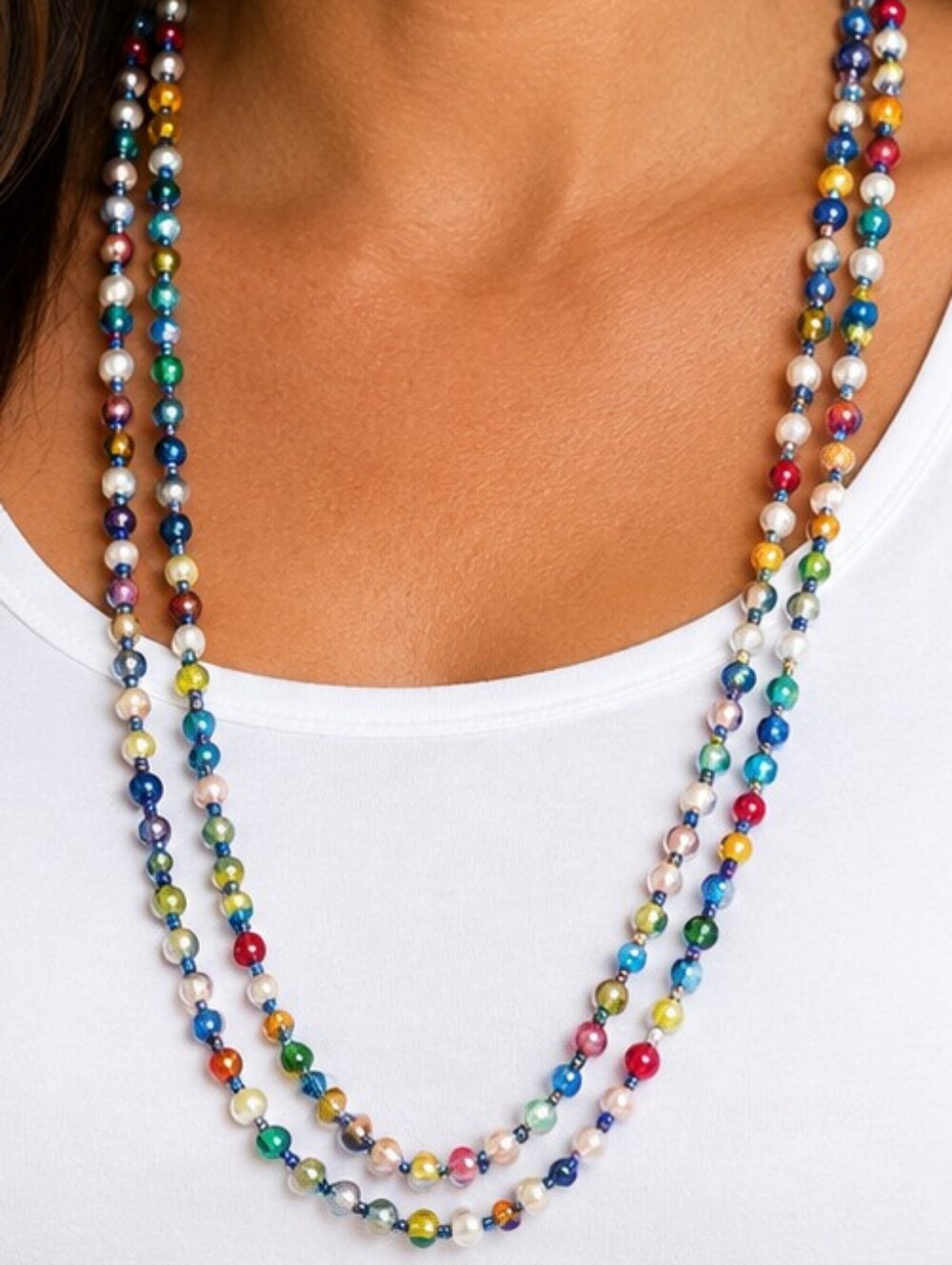 💎 Multicolor Beaded Necklace Long Double Strand Rainbow Boho Statement Jewelry
